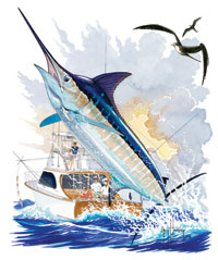 Guy Harvey by AFTCO Bluewater Mens T-Shirt Medium Marlin Fishing Print Blue  
